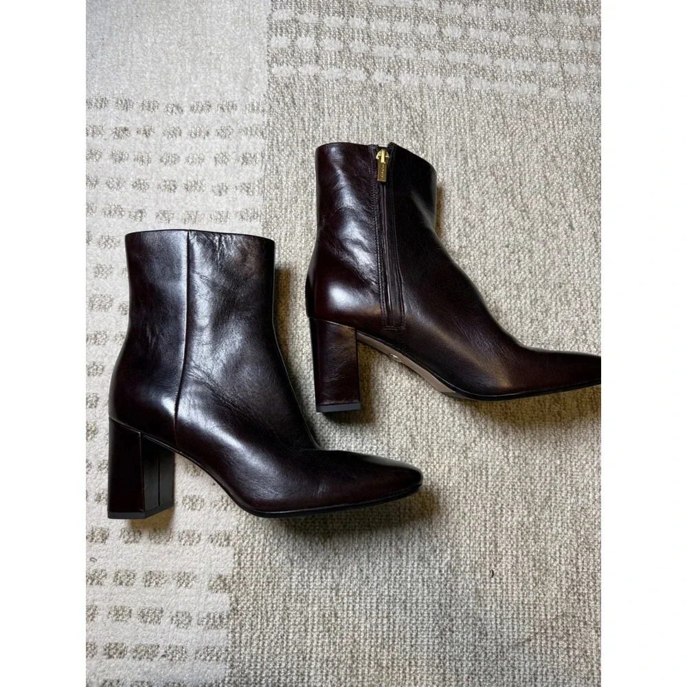 Veronica Beard Womens Burgundy Leather Square Toe Block Heel Ankle Boots 7.5M